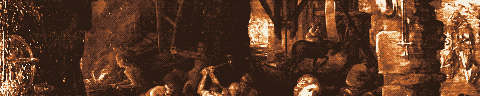 Pixel-art translation of Jan Brueghel the Elder, Fire (Allegory of Fire) (1606): an allegory of fire: a crowded scene of forges, furnaces and burning tools.