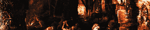 Pixel-art translation of Jan Brueghel the Elder, Fire (Allegory of Fire) (1606): an allegory of fire: a crowded scene of forges, furnaces and burning tools.
