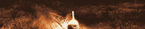 Pixel-art translation of J. M. W. Turner, Rain, Steam and Speed: The Great Western Railway (1844): a steam locomotive crosses a railway bridge in rain and mist, its firebox glowing.