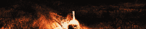Pixel-art translation of J. M. W. Turner, Rain, Steam and Speed: The Great Western Railway (1844): a steam locomotive crosses a railway bridge in rain and mist, its firebox glowing.