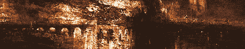 Pixel-art translation of J. M. W. Turner, The Burning of the Houses of Lords and Commons, 16 October 1834 (1834 to 1835): the Houses of Parliament burn at night, with the fire reflected in the Thames.