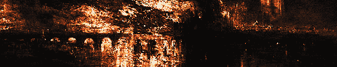 Pixel-art translation of J. M. W. Turner, The Burning of the Houses of Lords and Commons, 16 October 1834 (1834 to 1835): the Houses of Parliament burn at night, with the fire reflected in the Thames.
