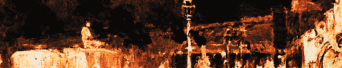 Pixel-art translation of Claude Monet, Arrival of the Normandy Train, Gare Saint-Lazare (1877): a steam train arrives under the iron-and-glass roof of the Gare Saint-Lazare in clouds of steam.